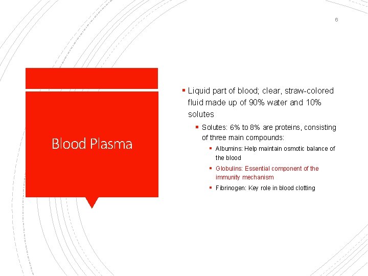 6 § Liquid part of blood; clear, straw-colored fluid made up of 90% water