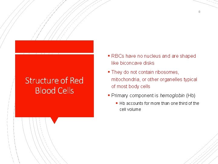 8 § RBCs have no nucleus and are shaped like biconcave disks Structure of