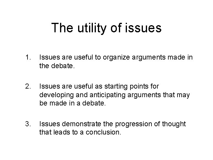 The utility of issues 1. Issues are useful to organize arguments made in the