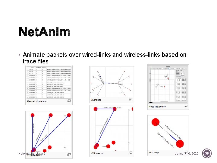 § Animate packets over wired-links and wireless-links based on trace files pyv iz Network § Animate packets over wired-links and wireless-links based on trace files pyv iz Network
