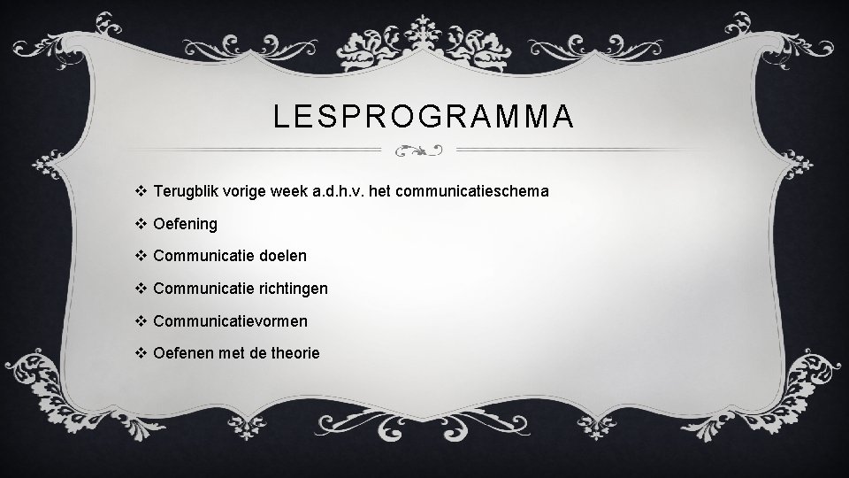 LESPROGRAMMA v Terugblik vorige week a. d. h. v. het communicatieschema v Oefening v