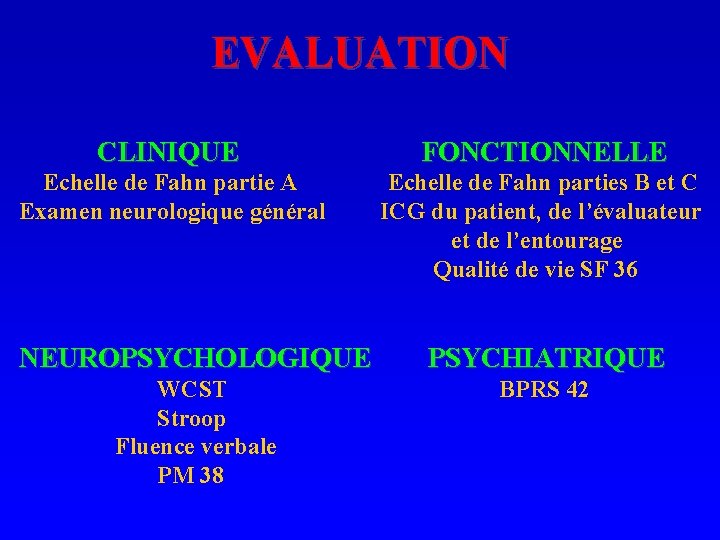 EVALUATION CLINIQUE FONCTIONNELLE Echelle de Fahn partie A Examen neurologique général Echelle de Fahn