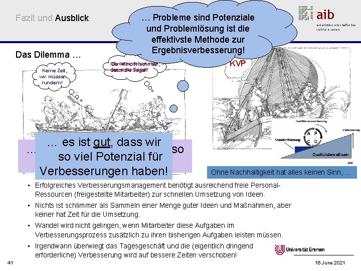 Fazit und Ausblick Das Dilemma … Keine Zeit, wir müssen rundern! … Probleme sind