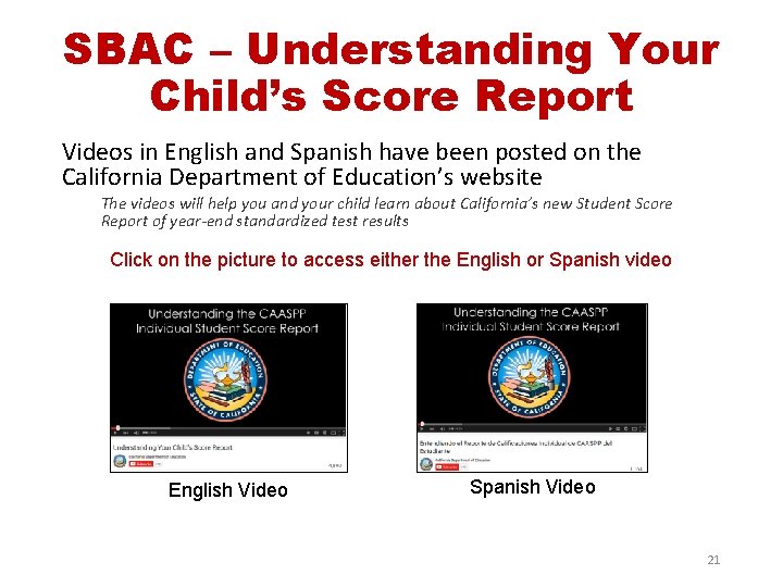 SBAC – Understanding Your Child’s Score Report Videos in English and Spanish have been