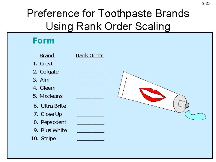 8 -20 Preference for Toothpaste Brands Using Rank Order Scaling Form Brand Rank Order 8 -20 Preference for Toothpaste Brands Using Rank Order Scaling Form Brand Rank Order