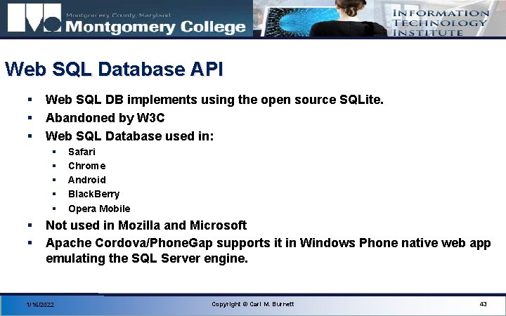 Web SQL Database API § § § Web SQL DB implements using the open