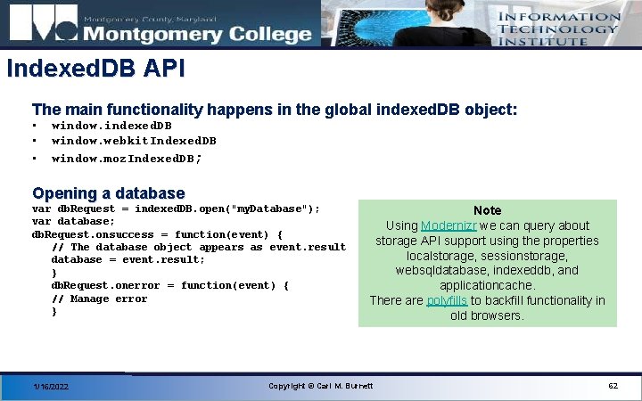 Indexed. DB API The main functionality happens in the global indexed. DB object: •
