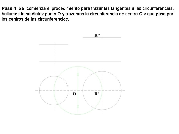 Paso 4: Se comienza el procedimiento para trazar las tangentes a las circunferencias, hallamos