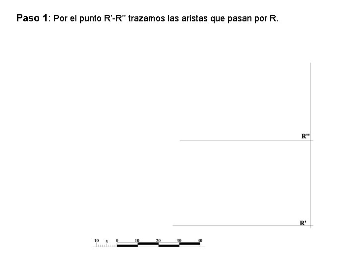 Paso 1: Por el punto R’-R’’ trazamos las aristas que pasan por R. 