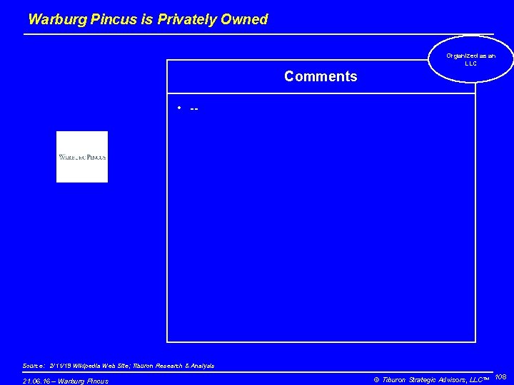 Warburg Pincus is Privately Owned Organized as an LLC Comments • -- Source: 2/11/19