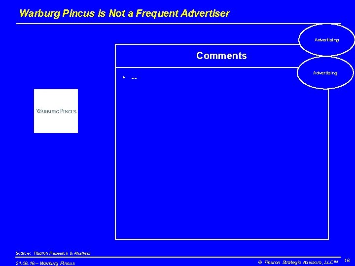 Warburg Pincus is Not a Frequent Advertiser Advertising Comments • -- Advertising Source: Tiburon