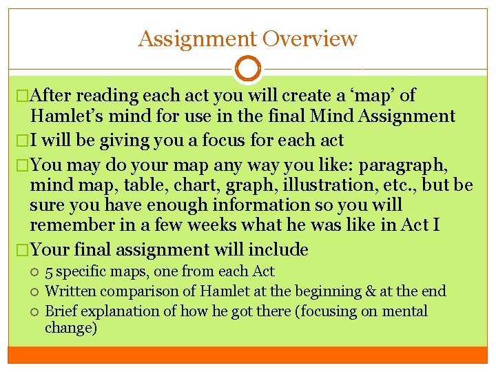 Assignment Overview �After reading each act you will create a ‘map’ of Hamlet’s mind