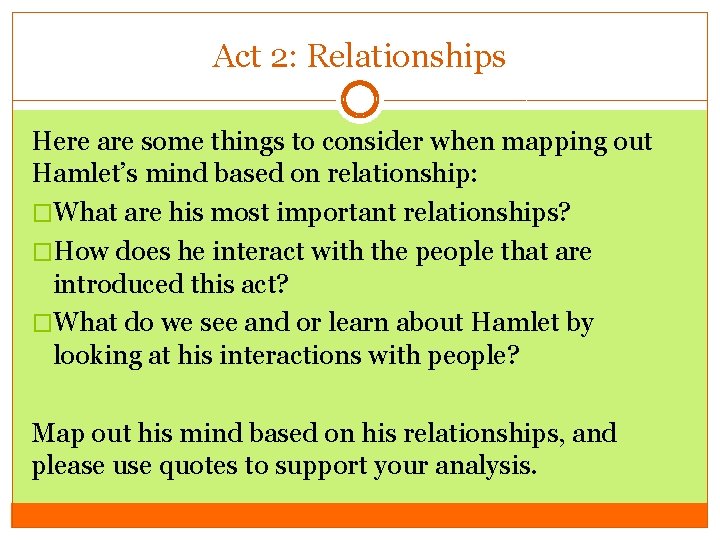 Act 2: Relationships Here are some things to consider when mapping out Hamlet’s mind