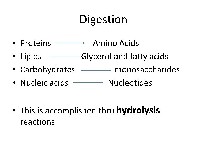 Digestion • • Proteins Amino Acids Lipids Glycerol and fatty acids Carbohydrates monosaccharides Nucleic