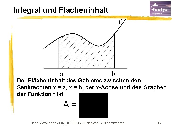 Integral und Flächeninhalt Der Flächeninhalt des Gebietes zwischen den Senkrechten x = a, x