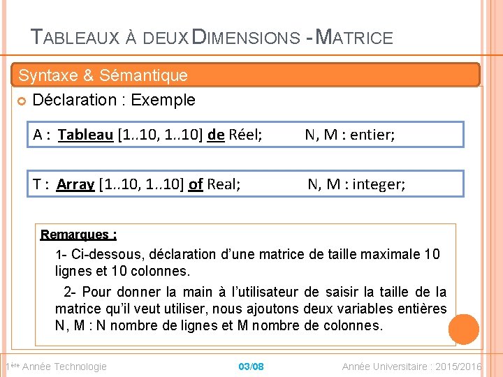 TABLEAUX À DEUX DIMENSIONS - MATRICE Syntaxe & Sémantique Déclaration : Exemple A :