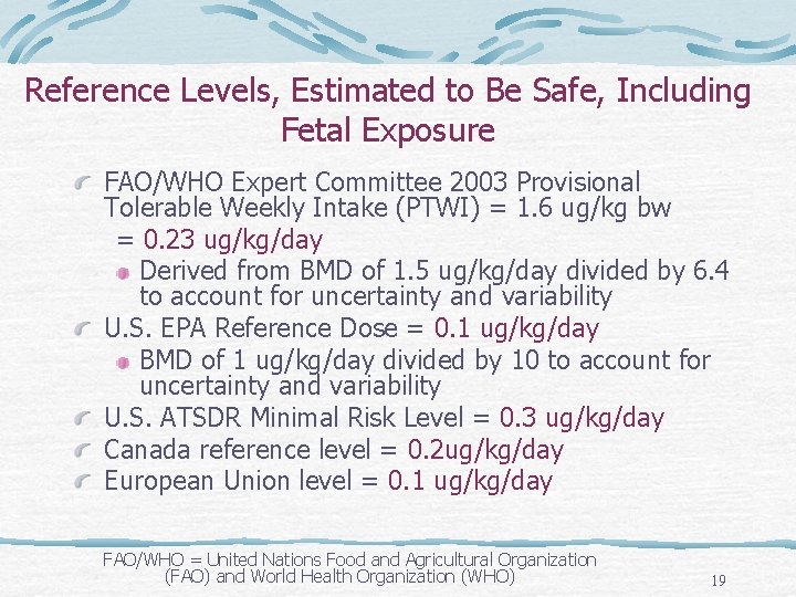 Reference Levels, Estimated to Be Safe, Including Fetal Exposure FAO/WHO Expert Committee 2003 Provisional