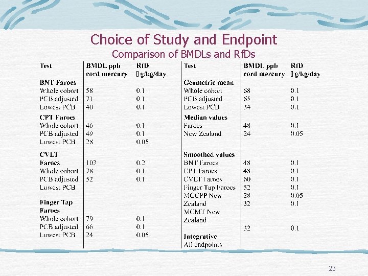 Choice of Study and Endpoint Comparison of BMDLs and Rf. Ds 23 