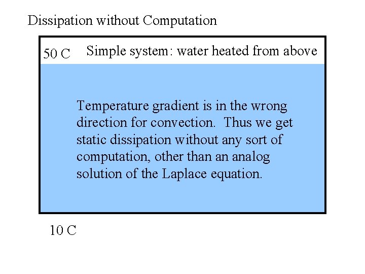 Dissipation without Computation 50 C Simple system: water heated from above Temperature gradient is
