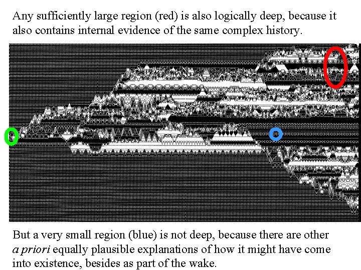 Any sufficiently large region (red) is also logically deep, because it also contains internal