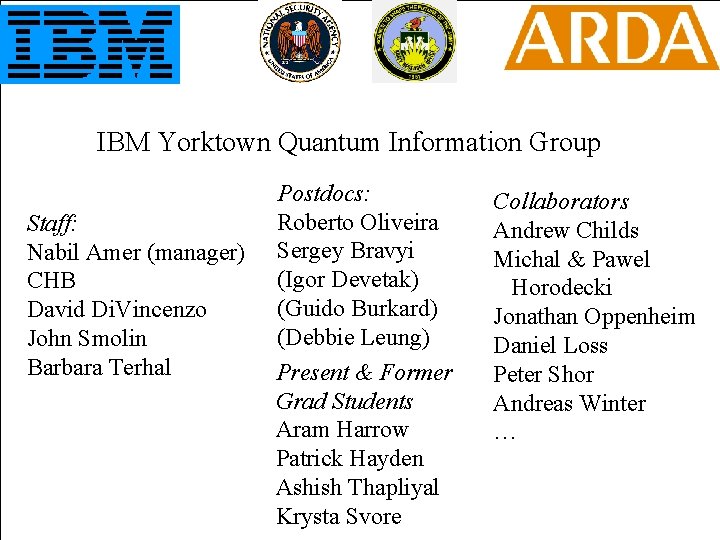 IBM Yorktown Quantum Information Group Staff: Nabil Amer (manager) CHB David Di. Vincenzo John