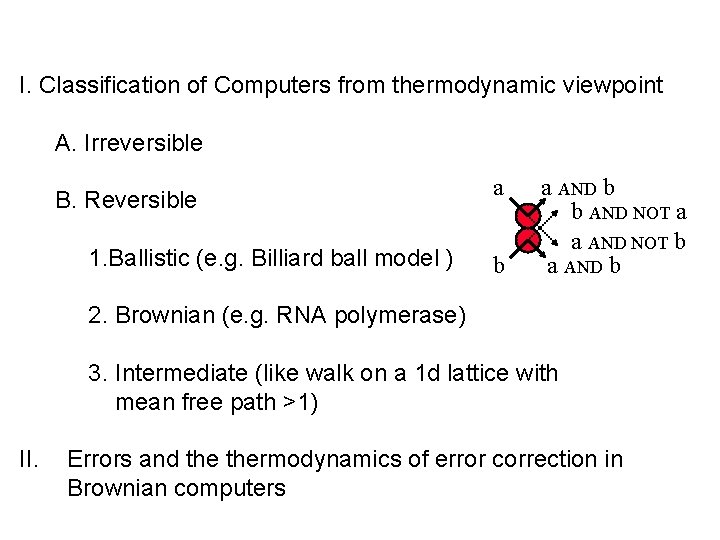 I. Classification of Computers from thermodynamic viewpoint A. Irreversible B. Reversible 1. Ballistic (e.