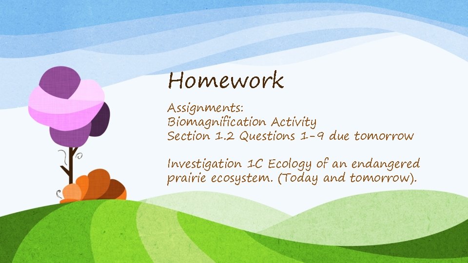 Homework Assignments: Biomagnification Activity Section 1. 2 Questions 1 -9 due tomorrow Investigation 1