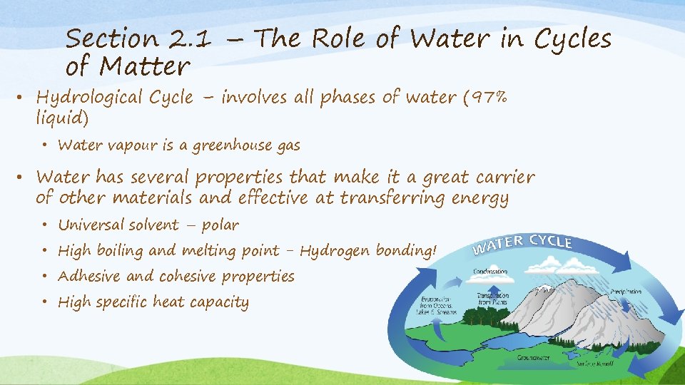 Section 2. 1 – The Role of Water in Cycles of Matter • Hydrological