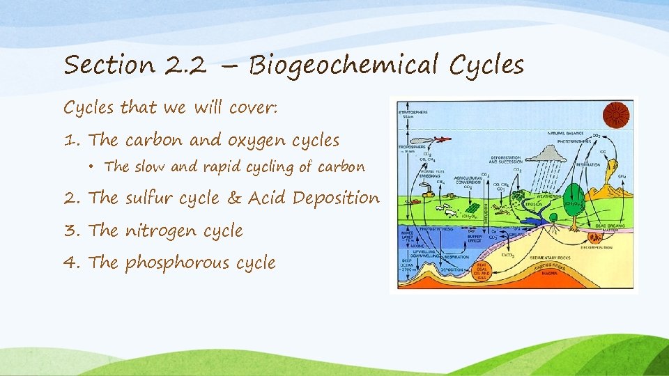 Section 2. 2 – Biogeochemical Cycles that we will cover: 1. The carbon and