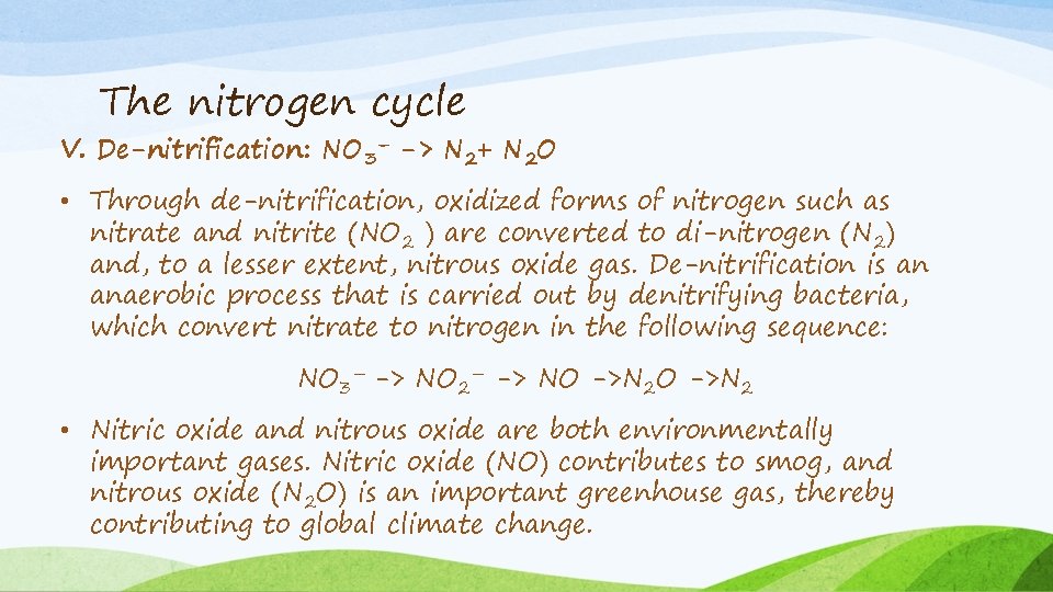 The nitrogen cycle V. De-nitrification: NO 3– -> N 2+ N 2 O •