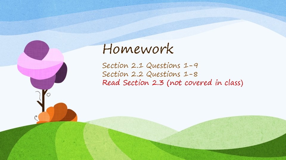 Homework Section 2. 1 Questions 1 -9 Section 2. 2 Questions 1 -8 Read