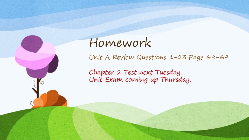 Homework Unit A Review Questions 1 -23 Page 68 -69 Chapter 2 Test next