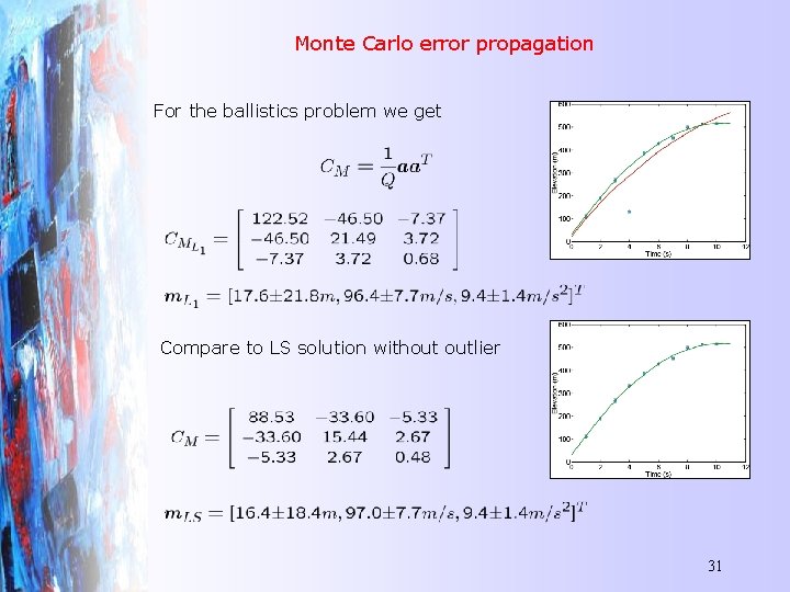 Monte Carlo error propagation For the ballistics problem we get Compare to LS solution