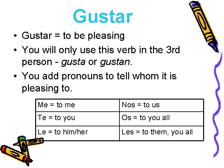 Gustar • Gustar = to be pleasing • You will only use this verb