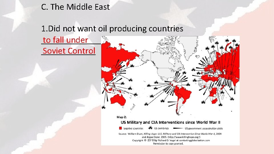 C. The Middle East 1. Did not want oil producing countries ________________ to fall