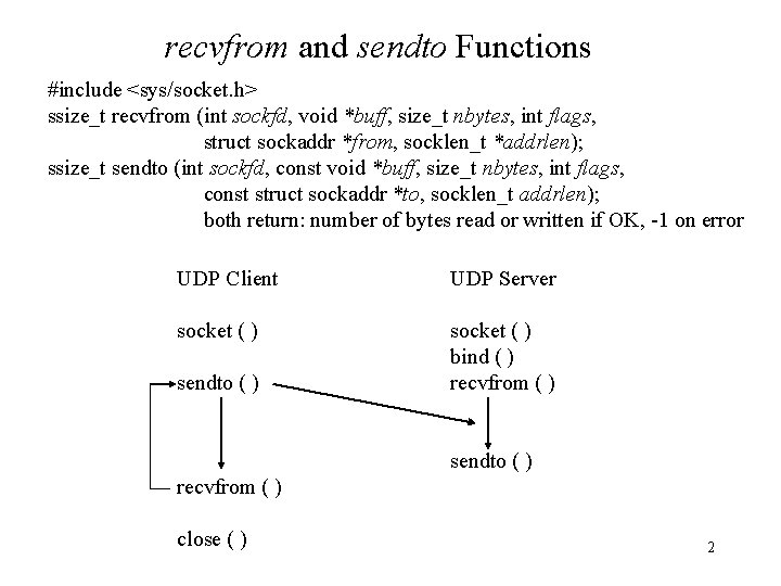 recvfrom and sendto Functions #include <sys/socket. h> ssize_t recvfrom (int sockfd, void *buff, size_t