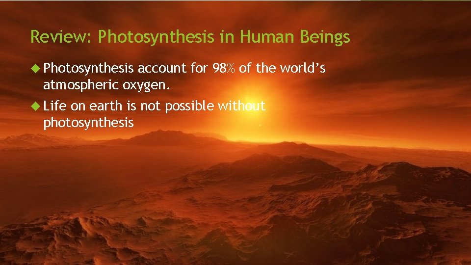 Review: Photosynthesis in Human Beings Photosynthesis account for 98% of the world’s atmospheric oxygen.