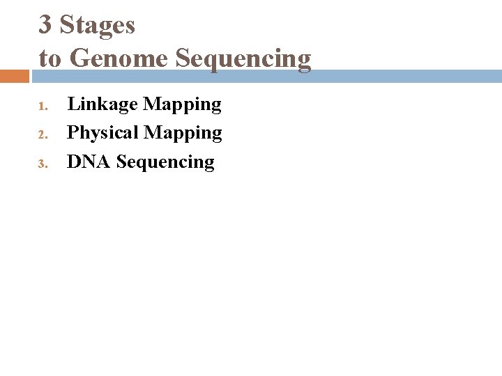 3 Stages to Genome Sequencing 1. 2. 3. Linkage Mapping Physical Mapping DNA Sequencing