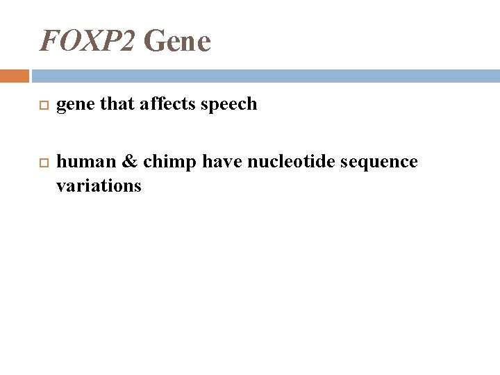 FOXP 2 Gene gene that affects speech human & chimp have nucleotide sequence variations