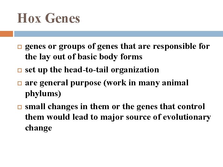 Hox Genes genes or groups of genes that are responsible for the lay out
