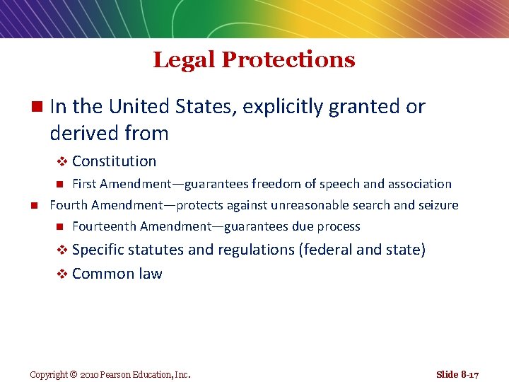 Legal Protections n In the United States, explicitly granted or derived from v Constitution