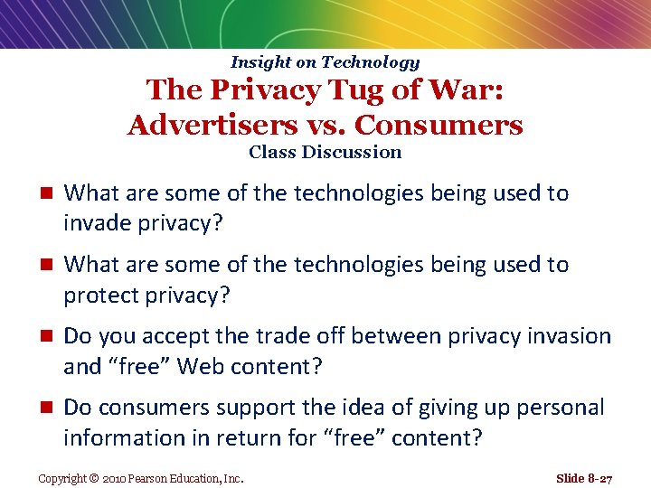 Insight on Technology The Privacy Tug of War: Advertisers vs. Consumers Class Discussion n