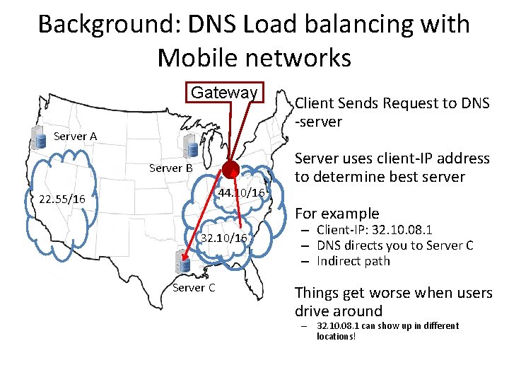 Background: DNS Load balancing with Mobile networks Gateway Server A Server B 44. 10/16