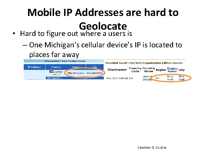 Mobile IP Addresses are hard to Geolocate • Hard to figure out where a