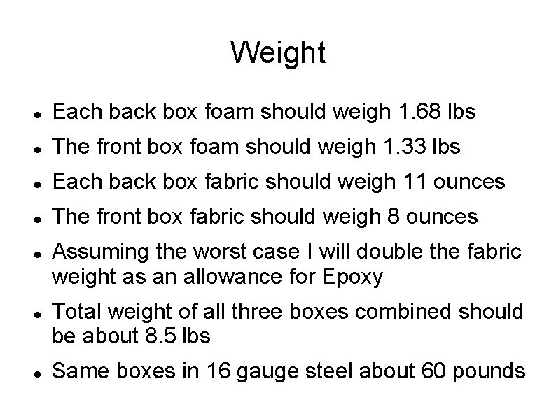 Weight Each back box foam should weigh 1. 68 lbs The front box foam