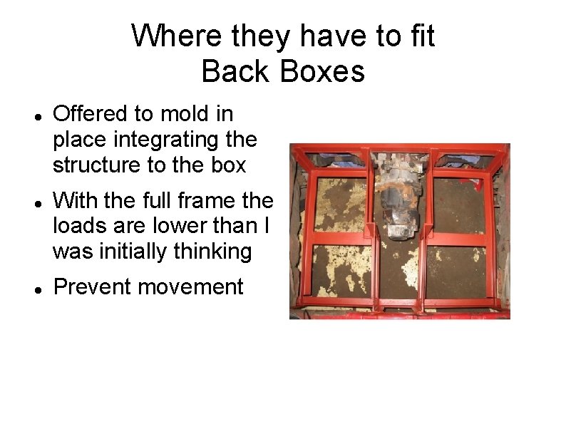 Where they have to fit Back Boxes Offered to mold in place integrating the