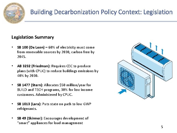 Building Decarbonization Policy Context: Legislation Summary • SB 100 (De Leon) – 60% of