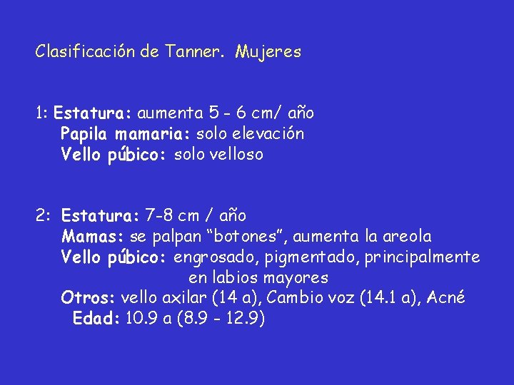 Clasificación de Tanner. Mujeres 1: Estatura: aumenta 5 - 6 cm/ año Papila mamaria: