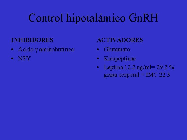 Control hipotalámico Gn. RH INHIBIDORES ACTIVADORES • Acido γ aminobutírico • NPY • Glutamato