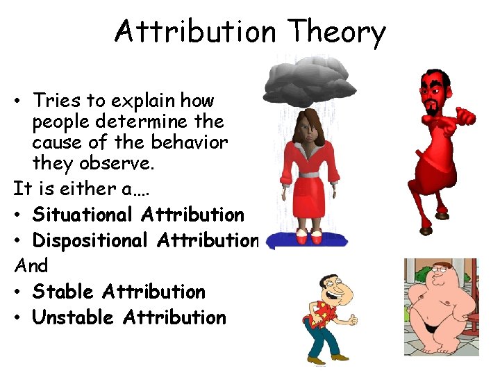 Attribution Theory • Tries to explain how people determine the cause of the behavior Attribution Theory • Tries to explain how people determine the cause of the behavior